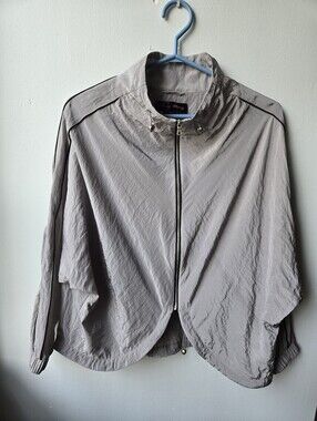 Elena Wang Women's Sm Windbreaker Jacket Silver Gray Drawstring Y2K Black Piping